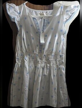 Rachel Riley White Dress with Light Blue Floral Embroidery